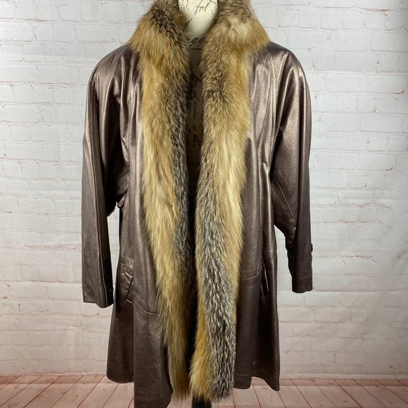 Women's Brown Leather Jacket with Faux Fur Trim - Picture 1 of 9
